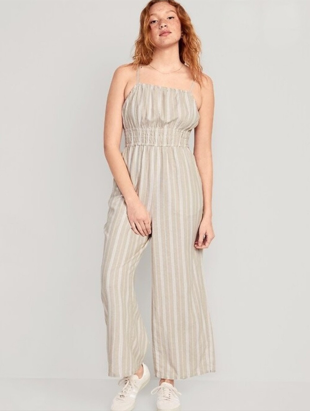 Old Navy Linen Blend Cami Wide Leg Jumpsuit Size XL Tan White Stripe Neutral